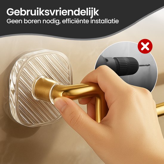 Handdoekrek 60 cm – Zelfklevend Zonder Boren – RVS Handdoekhouder 20 kg Draagkracht – Goudkleurig – Velox Goods VL-533-Handdoekhouder-Ilumina Benelux