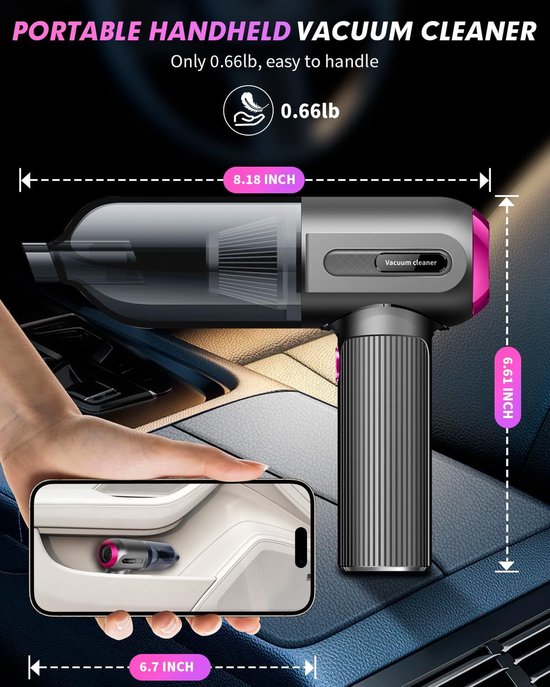 Handstofzuiger auto – Draadloos 9000Pa 2-in-1 stofzuiger & luchtreiniger – USB oplaadbaar – LED – Mondstukken – Zwart-Kruimelzuiger-Ilumina Benelux
