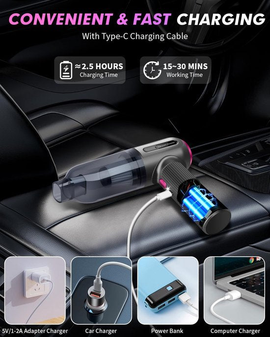 Handstofzuiger auto – Draadloos 9000Pa 2-in-1 stofzuiger & luchtreiniger – USB oplaadbaar – LED – Mondstukken – Zwart-Kruimelzuiger-Ilumina Benelux