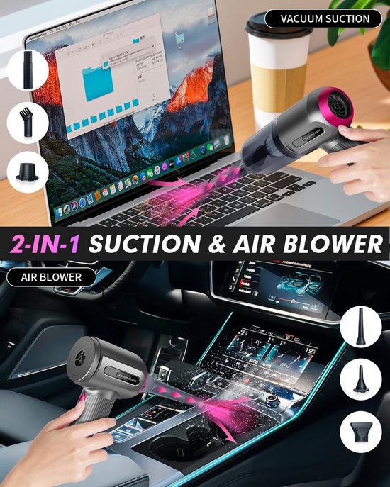 Handstofzuiger auto – Draadloos 9000Pa 2-in-1 stofzuiger & luchtreiniger – USB oplaadbaar – LED – Mondstukken – Zwart-Kruimelzuiger-Ilumina Benelux