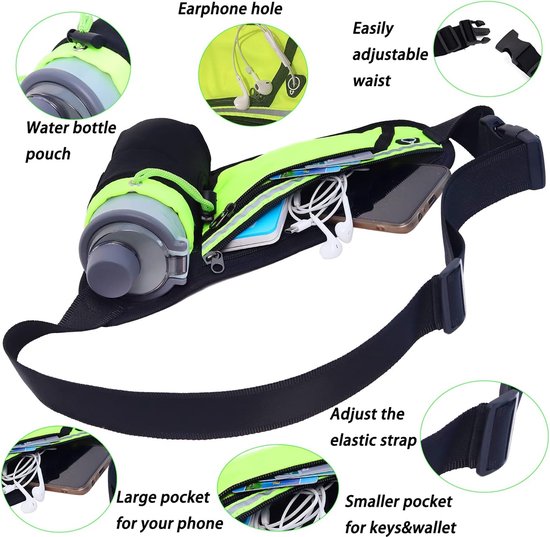 Hardloopriem – Heuptasje met waterfleshouder – Reflecterende strip – Verstelbaar voor dames & heren – Zwart-Money belt-Ilumina Benelux