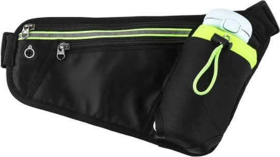 Hardloopriem – Heuptasje met waterfleshouder – Reflecterende strip – Verstelbaar voor dames & heren – Zwart-Money belt-Ilumina Benelux