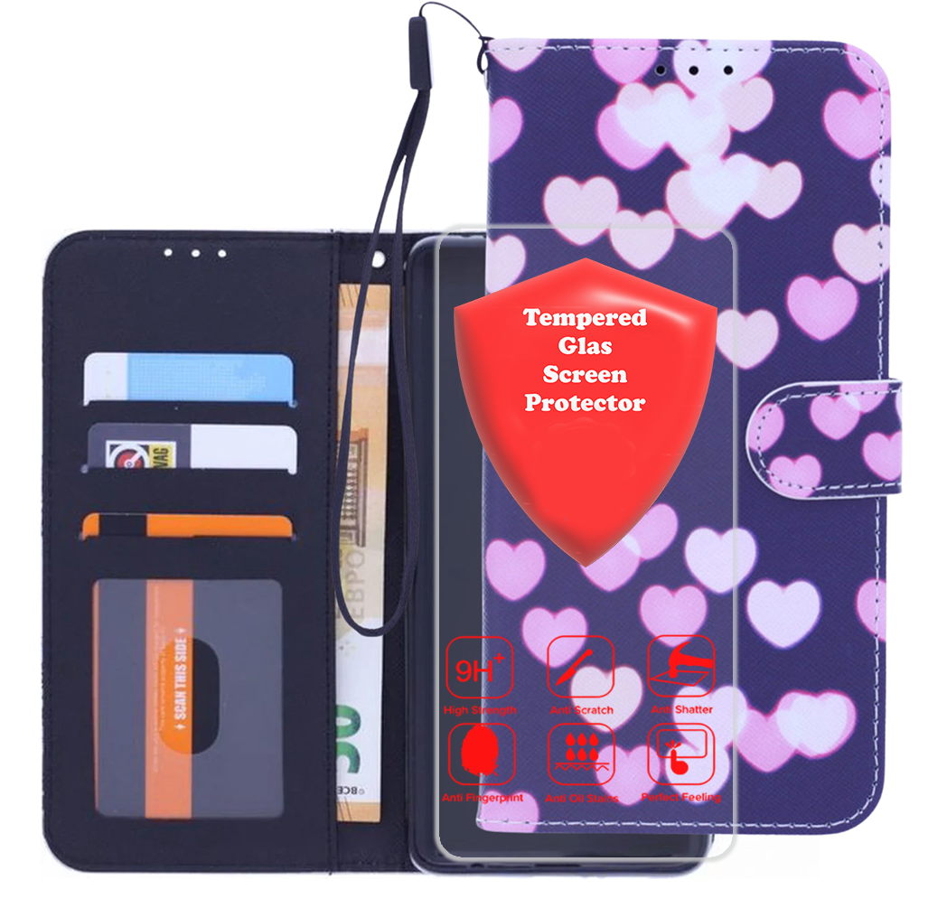 Bookcase Geschikt voor: Samsung Galaxy A42 hoesje met print - Hearts met 2x Glas Screenprotector