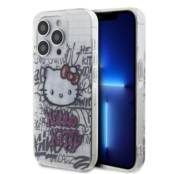 Hello Kitty iPhone 14 Pro TPU Back Cover hoesje - Graffiti Kitty on bricks - Wit-Hoesjes-Ilumina Benelux