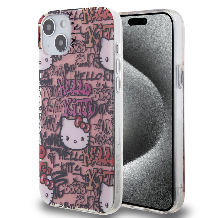 Hello Kitty iPhone 15 & 14 Plus TPU Back Cover hoesje - Graffiti Tags - Roze-Hoesjes-Ilumina Benelux
