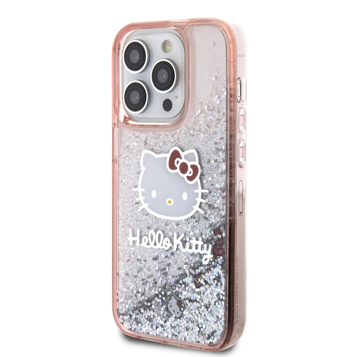 Hello Kitty iPhone 15 Pro TPU Back Cover hoesje - Liquid Glitter - Kitty Head Charms - Roze-Hoesjes-Ilumina Benelux