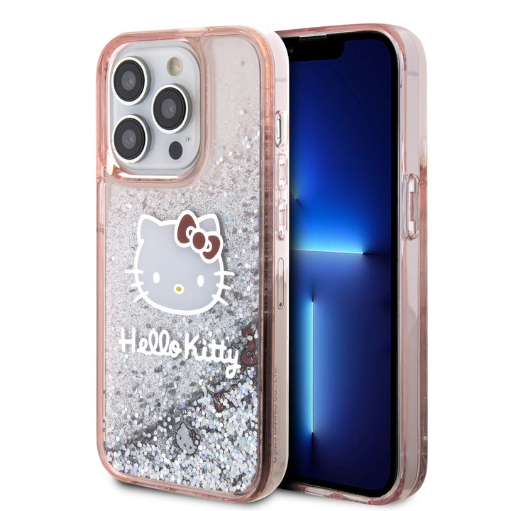 Hello Kitty iPhone 15 Pro TPU Back Cover hoesje - Liquid Glitter - Kitty Head Charms - Roze-Hoesjes-Ilumina Benelux