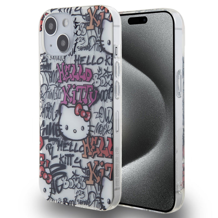Hello Kitty iPhone 15 TPU Back Cover hoesje - Graffiti Tags - Wit-Hoesjes-Ilumina Benelux