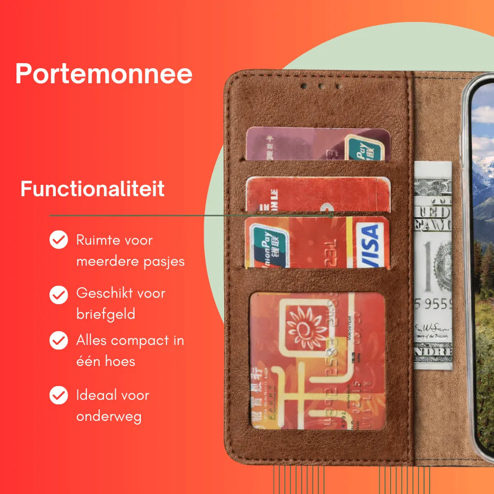 Hoesjes – Bookcase Portemonnee – Pasjeshouder – 3x Gehard Glas Screenprotector – Lichtbruin-Ilumina Benelux