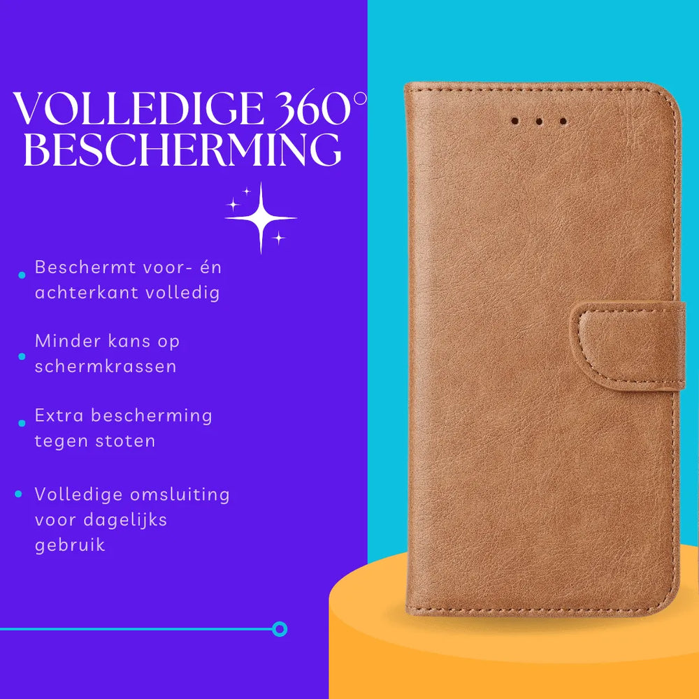 Hoesjes – Bookcase Portemonnee – Pasjeshouder – 3x Gehard Glas Screenprotector – Lichtbruin-Ilumina Benelux