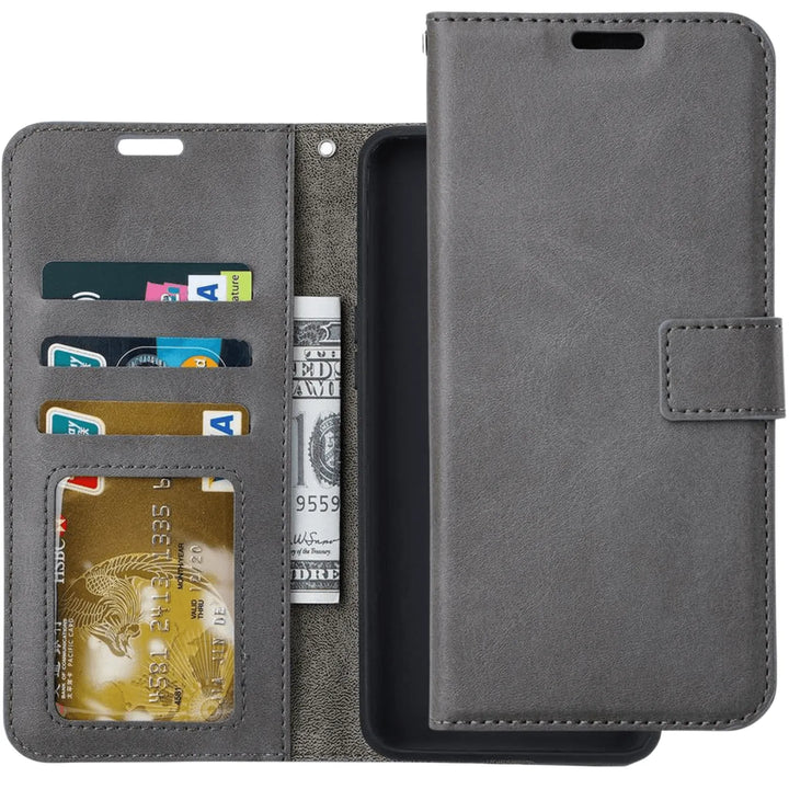 Hoesjes – Portemonnee Hoes – Pasjeshouder – Inclusief Tempered Glass Screenprotector – Grijs-Ilumina Benelux