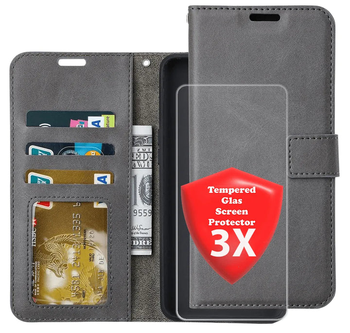 Hoesjes – Bookcase Portemonnee – Pasjeshouder – 3x Gehard Glas Screenprotector – Grijs-Ilumina Benelux