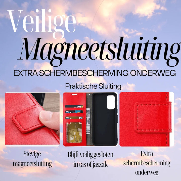 Hoesjes – Bookcase Portemonnee – Magneetsluiting – Pasjeshouder – Rood + 3x Screenprotector-Ilumina Benelux