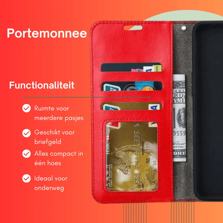 Hoesjes – Bookcase Portemonnee – Magneetsluiting – Pasjeshouder – Rood + 3x Screenprotector-Ilumina Benelux
