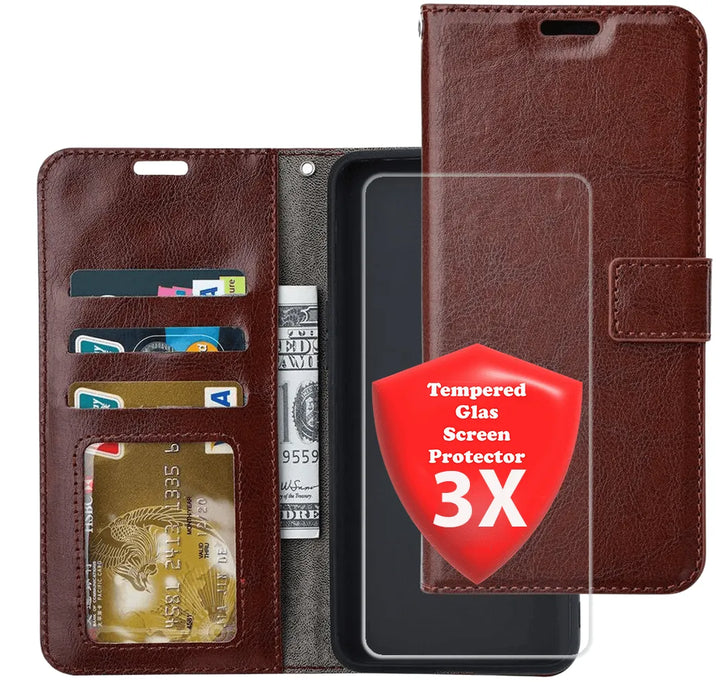 Portemonnee Bookcase – Pasjeshouder – 3x Screenprotector Gehard Glas – Bruin-Ilumina Benelux