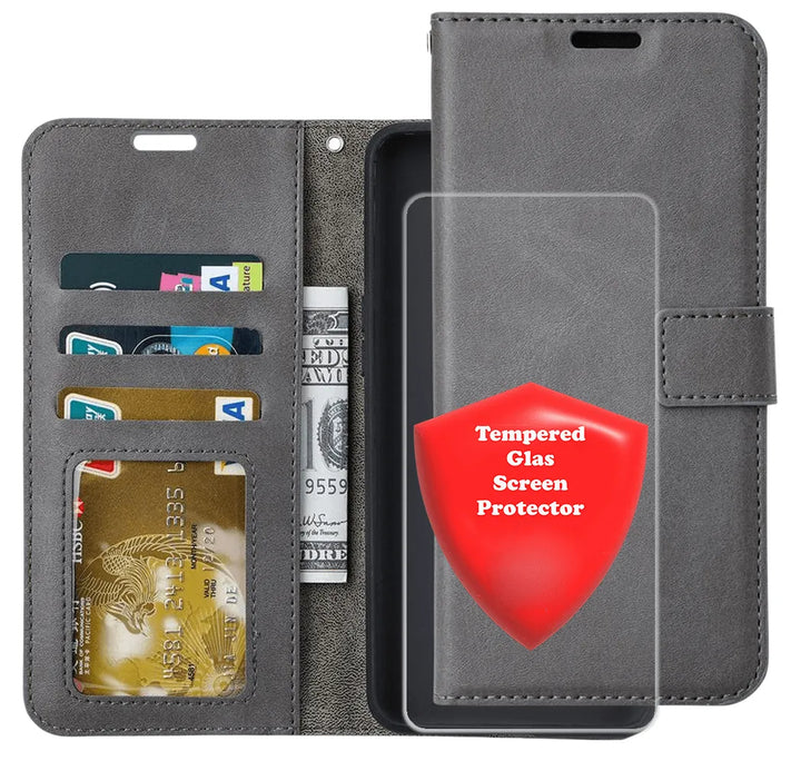 Hoesjes – Portemonnee Hoes – Pasjeshouder – Inclusief Tempered Glass Screenprotector – Grijs-Ilumina Benelux