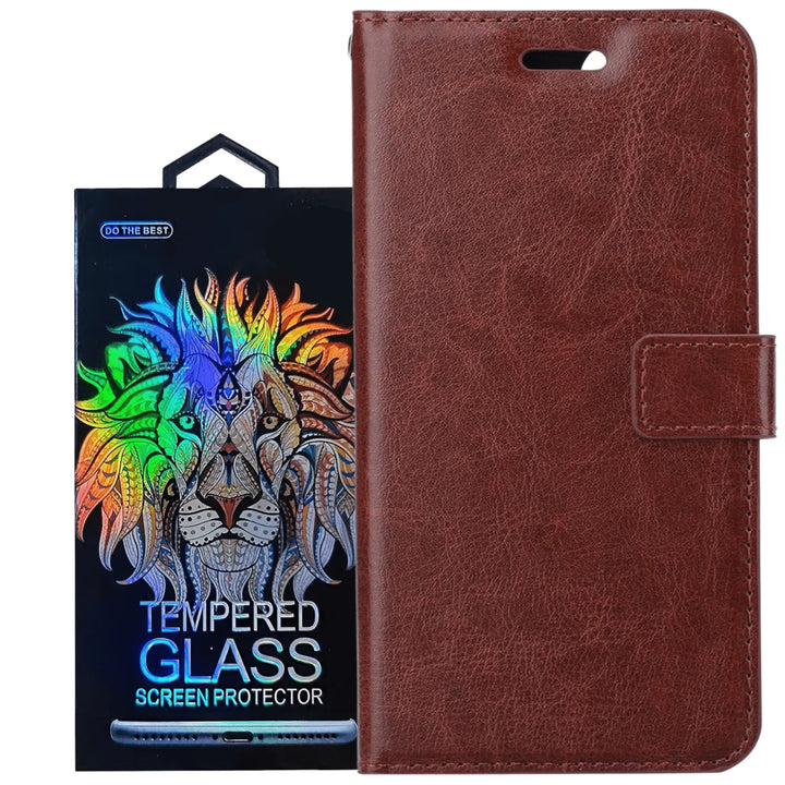 Portemonnee Hoes – Pasjeshouder – 2x Gehard Glas Screenprotector – Bruin-Ilumina Benelux