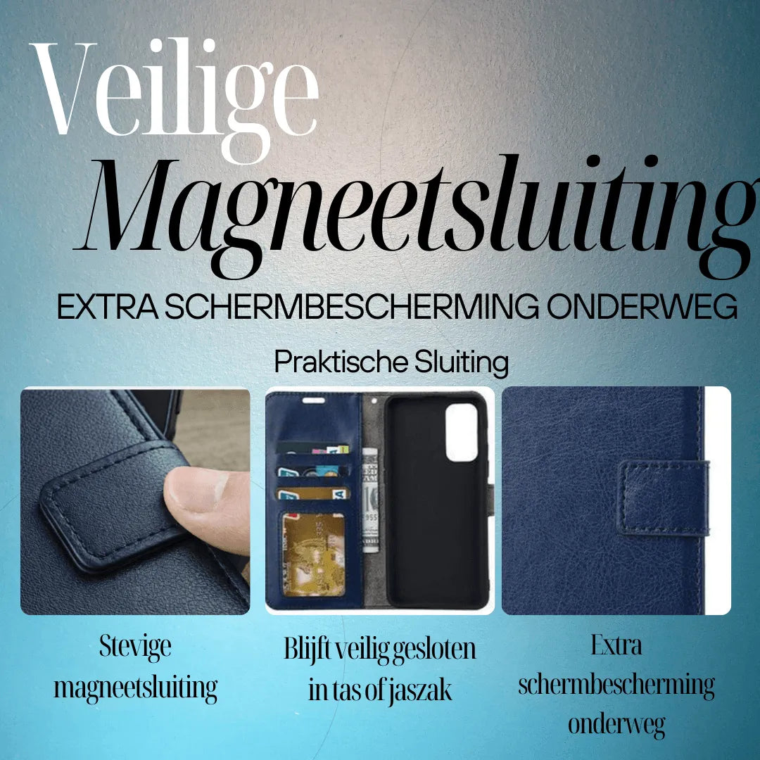 Collage van donkerblauwe portefeuillehoes met sluitlip, pasvakken en zwart telefoonframe