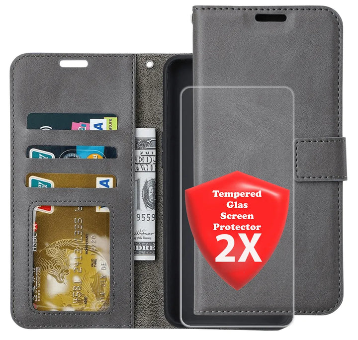 Hoesjes – Portemonnee Hoes – Pasjeshouder – Magneetsluiting – Grijs + 2x Screenprotector-Ilumina Benelux