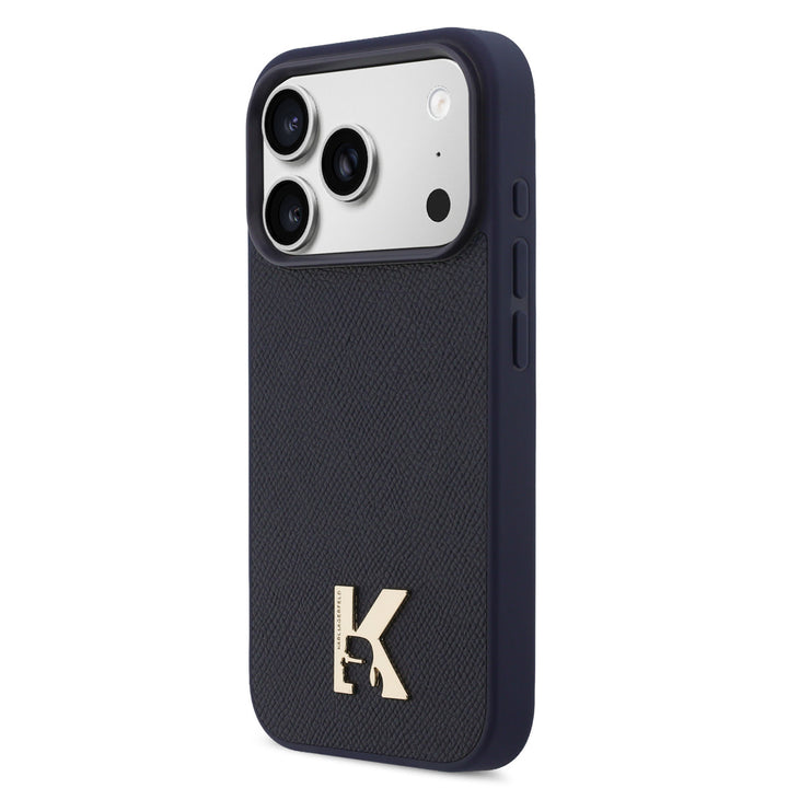 Karl Lagerfeld iPhone 17 Pro Backcover hoesje - MagSafe - Saffiano Leather - Metal K & Karl Logo - Navy-Hoesjes-Ilumina Benelux