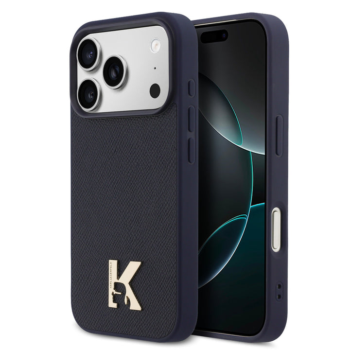 Karl Lagerfeld iPhone 17 Pro Backcover hoesje - MagSafe - Saffiano Leather - Metal K & Karl Logo - Navy-Hoesjes-Ilumina Benelux