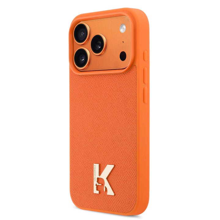 Karl Lagerfeld iPhone 17 Pro Backcover hoesje - MagSafe - Saffiano Leather - Metal K & Karl Logo - Oranje-Hoesjes-Ilumina Benelux