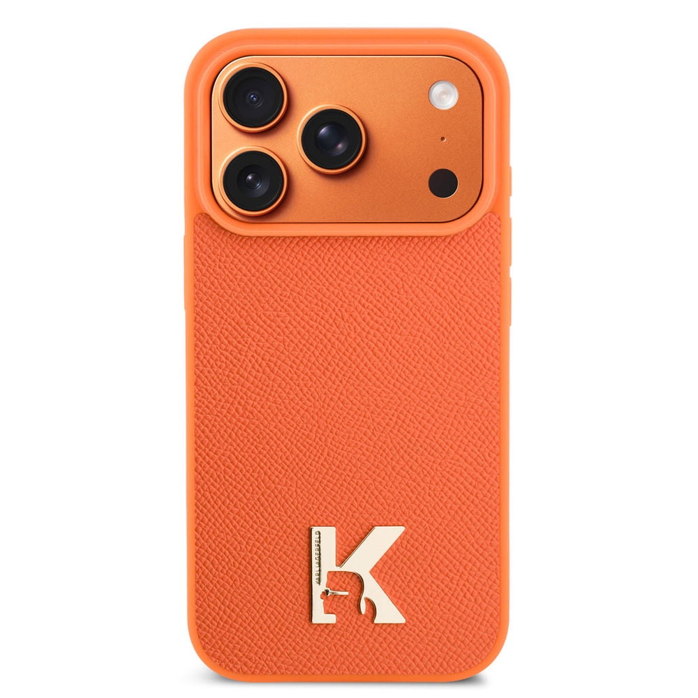 Karl Lagerfeld iPhone 17 Pro Max Backcover hoesje - MagSafe - Saffiano Leather - Metal K & Karl Logo - Oranje-Hoesjes-Ilumina Benelux