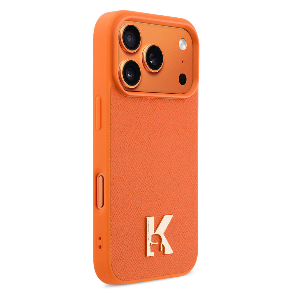 Karl Lagerfeld iPhone 17 Pro Max Backcover hoesje - MagSafe - Saffiano Leather - Metal K & Karl Logo - Oranje-Hoesjes-Ilumina Benelux