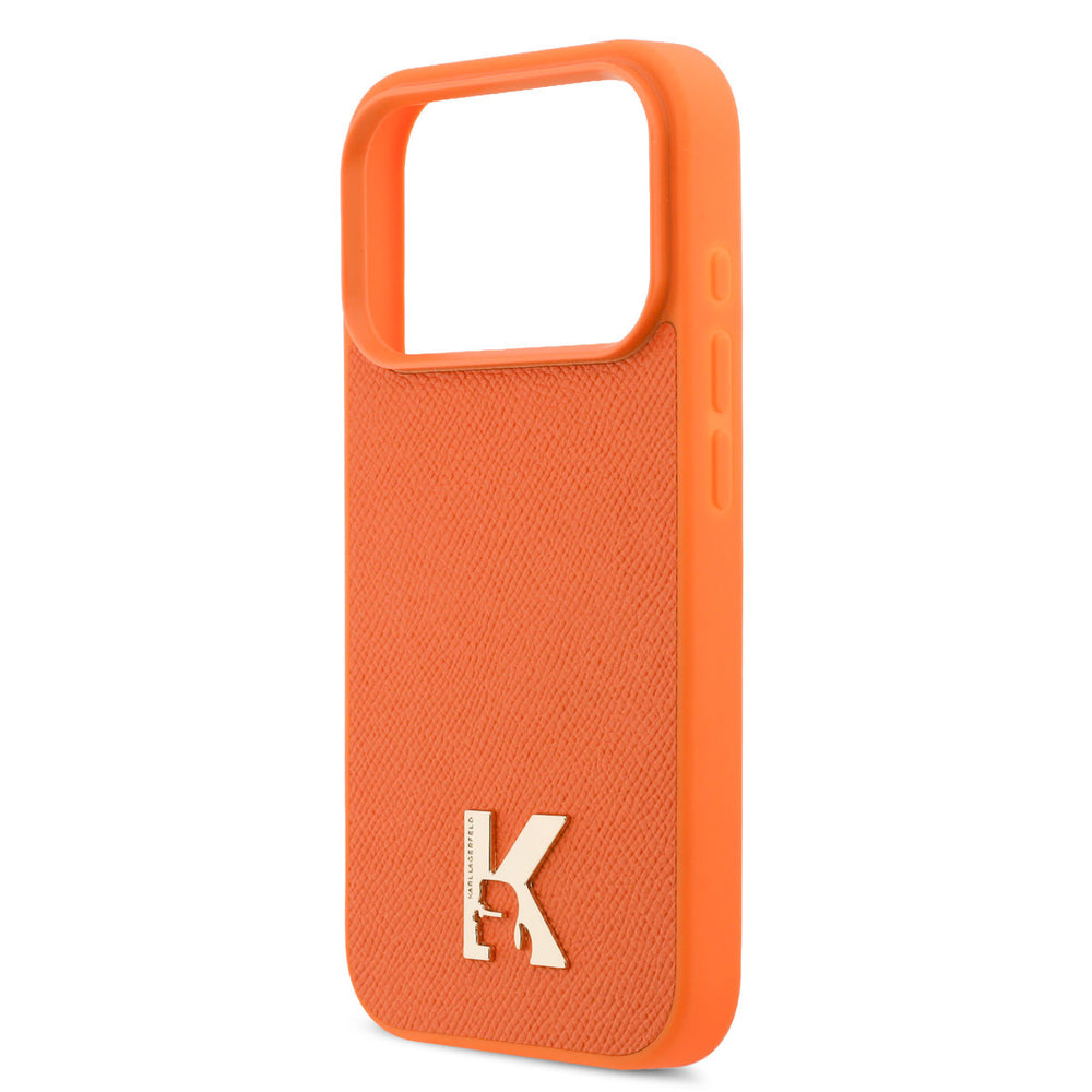 Karl Lagerfeld iPhone 17 Pro Max Backcover hoesje - MagSafe - Saffiano Leather - Metal K & Karl Logo - Oranje-Hoesjes-Ilumina Benelux