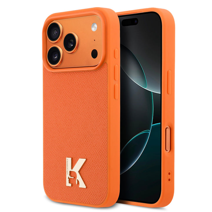 Karl Lagerfeld iPhone 17 Pro Max Backcover hoesje - MagSafe - Saffiano Leather - Metal K & Karl Logo - Oranje-Hoesjes-Ilumina Benelux