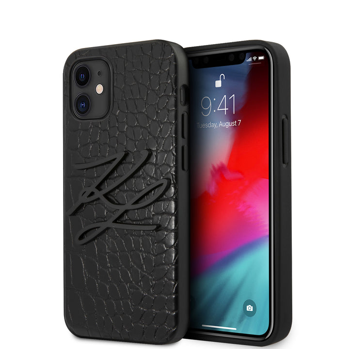 Karl Lagerfeld Apple iPhone 12 Mini zwart Backcover hoesje - Croco Signature-Hoesjes-Ilumina Benelux