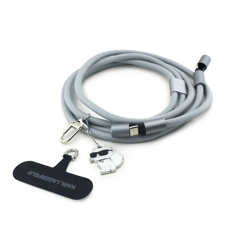 Karl Lagerfeld Crossbody Cord with Charging Cable and Tether Patch - USB-C to USB-C - Choupette Charm - Grijs-Telefoonkoord-Ilumina Benelux
