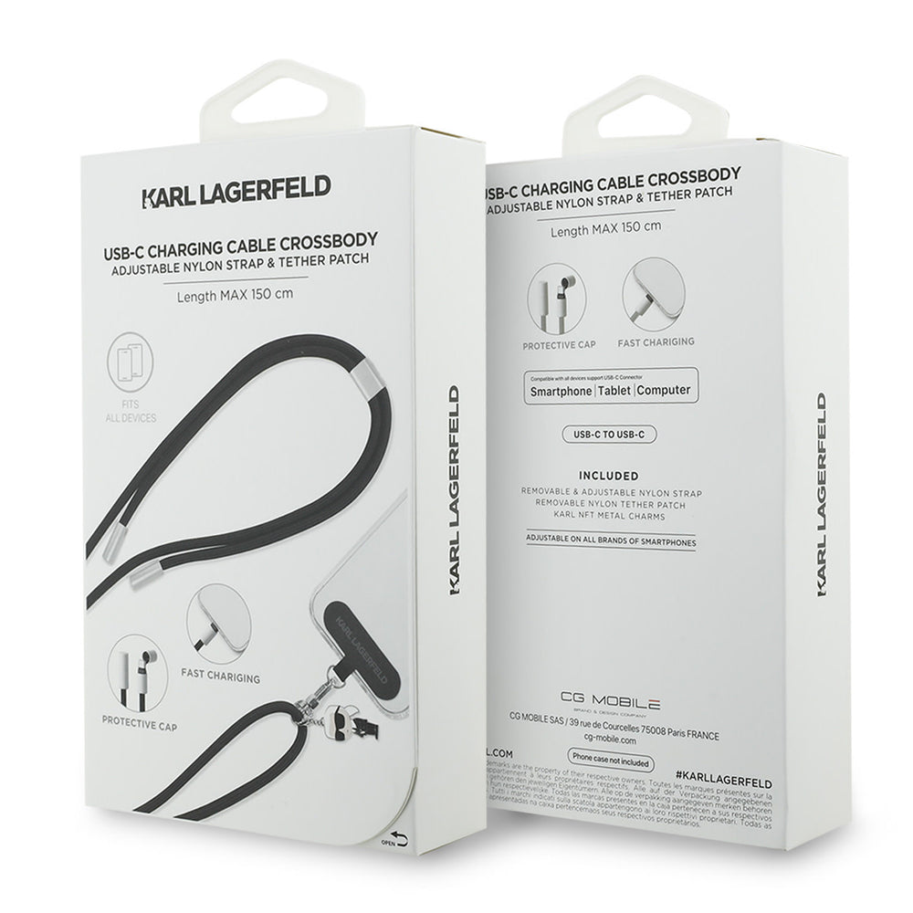 Karl Lagerfeld Crossbody Cord with Charging Cable and Tether Patch - USB-C to USB-C - Ikonik Charm - Zwart-Telefoonkoord-Ilumina Benelux