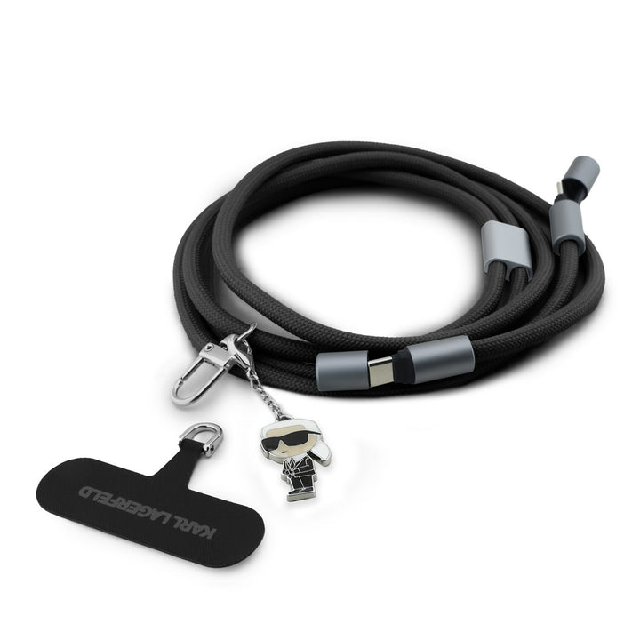 Karl Lagerfeld Crossbody Cord with Charging Cable and Tether Patch - USB-C to USB-C - Ikonik Charm - Zwart-Telefoonkoord-Ilumina Benelux