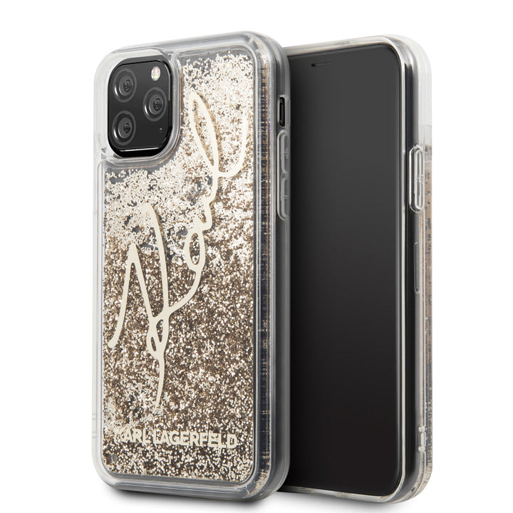 Karl Lagerfeld iPhone 11 Pro Backcover hoesje - Transparent Glitter Signature - Goud-Hoesjes-Ilumina Benelux