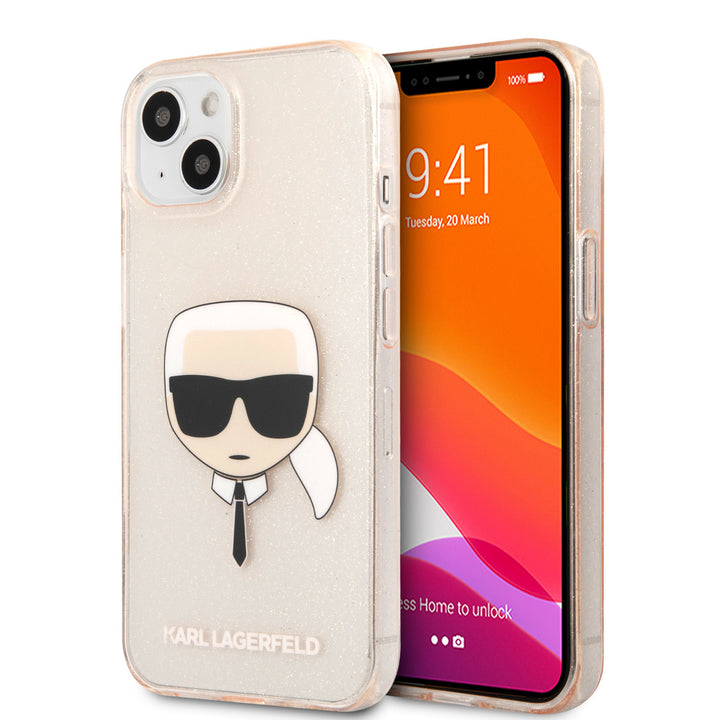 Karl Lagerfeld iPhone 13 Mini Hardcase Backcover - Glitter - Karl's head - Transparant Goud-Hoesjes-Ilumina Benelux