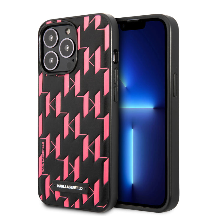 Karl Lagerfeld iPhone 13 Pro Hardcase Backcover hoesje - Monogram Plaque - Roze-Hoesjes-Ilumina Benelux