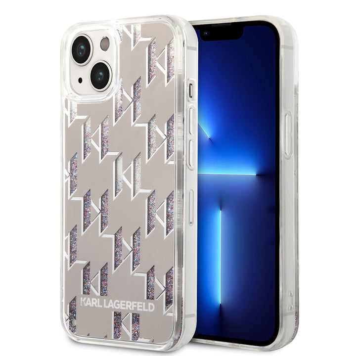 Karl Lagerfeld iPhone 14 & 13 TPU Backcover - Liquid Glitter - Monogram - Zilver-Hoesjes-Ilumina Benelux