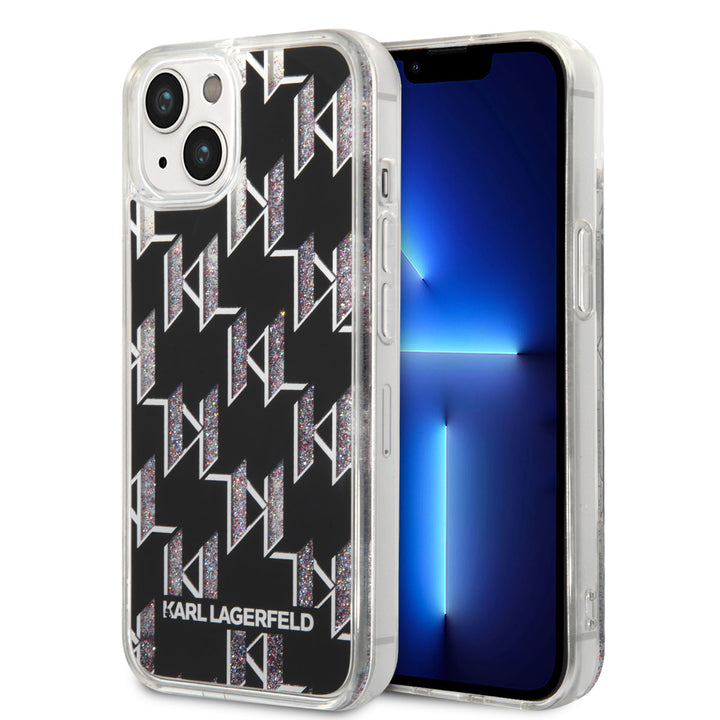 Karl Lagerfeld iPhone 14 & 13 TPU Backcover - Liquid Glitter -Monogram - Zwart-Hoesjes-Ilumina Benelux