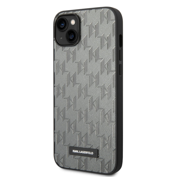 Karl Lagerfeld iPhone 14 & 15 Plus Hardcase Backcover - Saffiano Leather - Metal Logo - Grijs-Hoesjes-Ilumina Benelux
