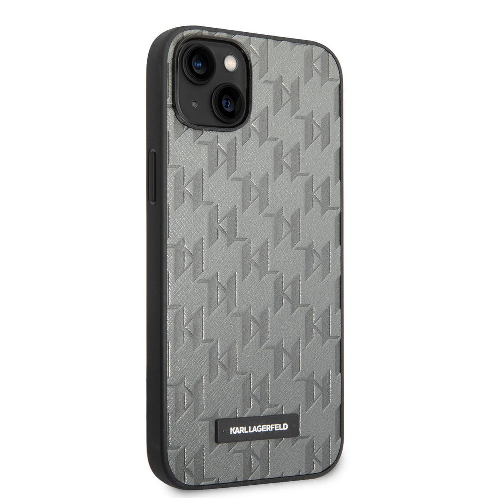 Karl Lagerfeld iPhone 14 & 15 Plus Hardcase Backcover - Saffiano Leather - Metal Logo - Grijs-Hoesjes-Ilumina Benelux