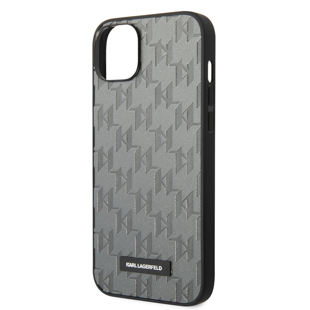 Karl Lagerfeld iPhone 14 & 15 Plus Hardcase Backcover - Saffiano Leather - Metal Logo - Grijs-Hoesjes-Ilumina Benelux