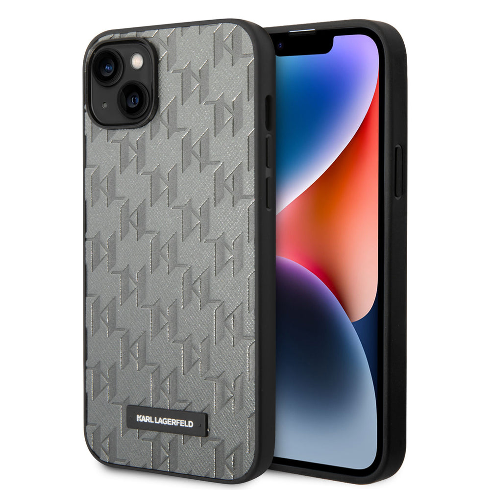 Karl Lagerfeld iPhone 14 & 15 Plus Hardcase Backcover - Saffiano Leather - Metal Logo - Grijs-Hoesjes-Ilumina Benelux