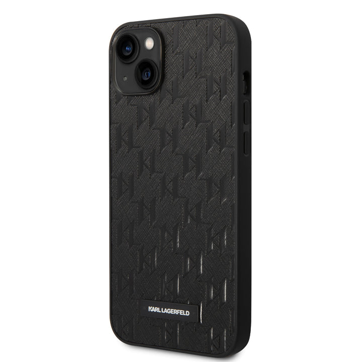 Karl Lagerfeld iPhone 14 & 15 Plus Hardcase Backcover - Saffiano Leather - Metal Logo - Zwart-Hoesjes-Ilumina Benelux