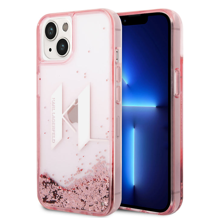 Karl Lagerfeld iPhone 14 Backcover hoesje - Liquid Glitter KL Logo - Roze-Hoesjes-Ilumina Benelux