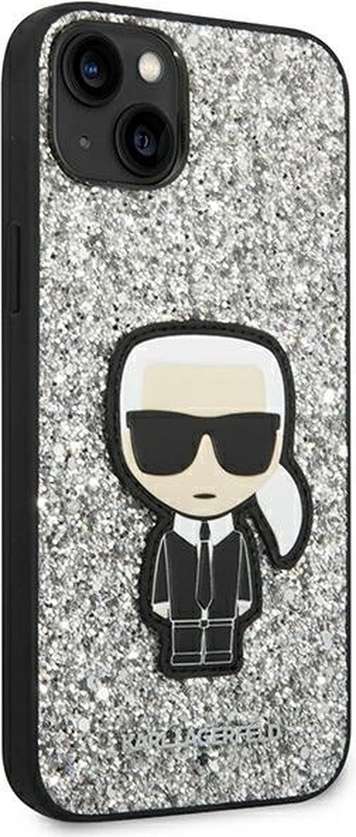 Karl Lagerfeld iPhone 14 Plus Backcover hoesje - Fixed Glitter - Ikonik Karl - Zilver-Hoesjes-Ilumina Benelux