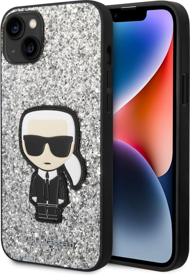 Karl Lagerfeld iPhone 14 Plus Backcover hoesje - Fixed Glitter - Ikonik Karl - Zilver-Hoesjes-Ilumina Benelux