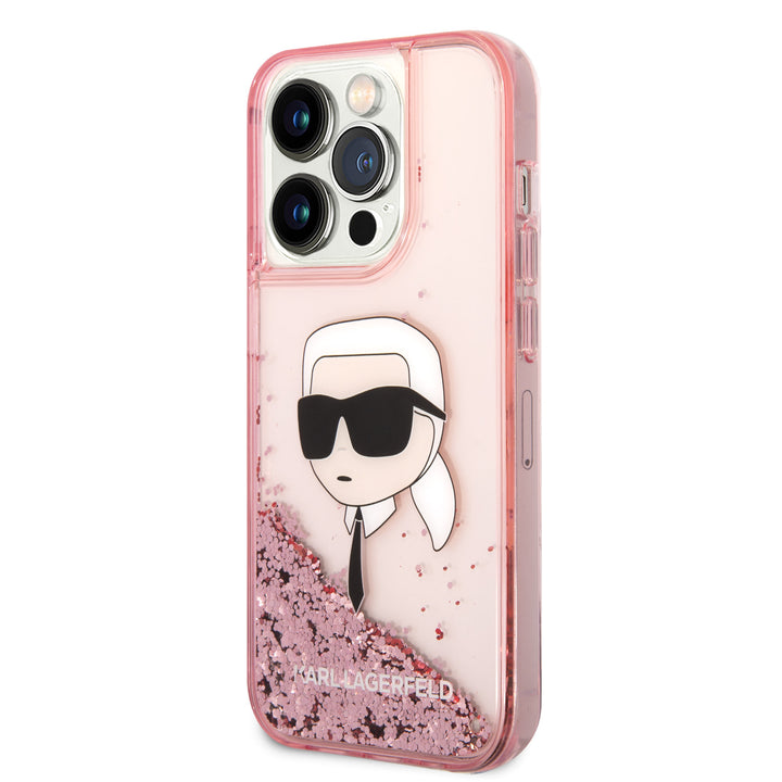 Karl Lagerfeld iPhone 14 Pro Backcover hoesje - Glitter - Karl Head - Roze-Hoesjes-Ilumina Benelux
