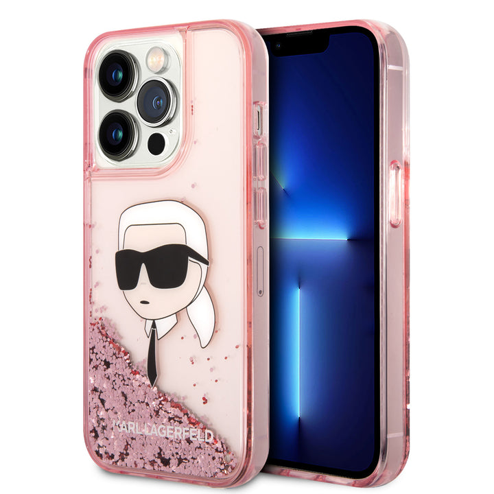 Karl Lagerfeld iPhone 14 Pro Backcover hoesje - Glitter - Karl Head - Roze-Hoesjes-Ilumina Benelux