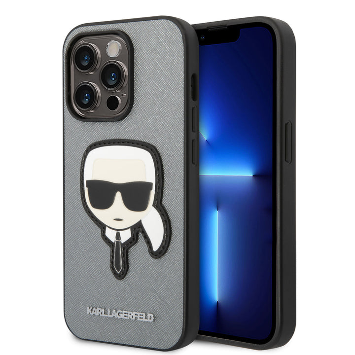 Karl Lagerfeld iPhone 14 Pro Backcover hoesje - Karl Head Patch - Zilver-Hoesjes-Ilumina Benelux